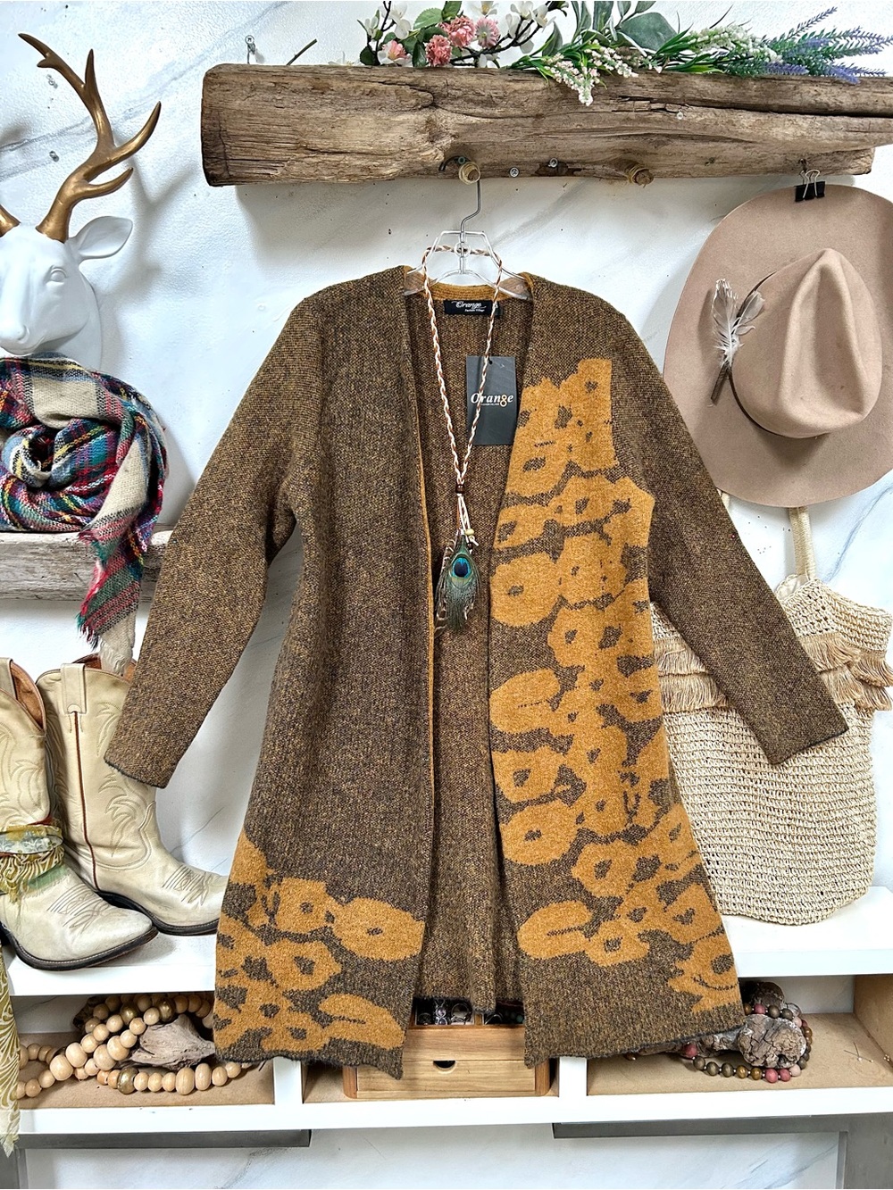 FALL perfect Mustard accent Leopard-Print Open long Cardigan w boho chic vibe
